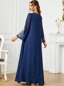 Embroidered V-Neck Long Sleeve Chiffon Modest Dress + Headscarf - Navy Blue - View 2