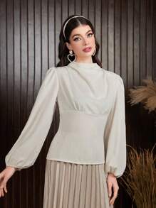 Modelyn 女士蓬蓬袖立領襯衫 - 杏色 - 查看 5