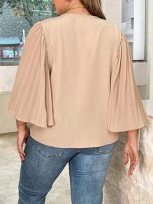 SHEIN Clasi Kích thước lớn Màu thuần Cổ chữ V Viền Ruffle Áo sơ mi - Lạc đà - Xem 2