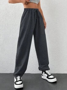 EURMUSE Cottnline Drawstring Waist Slant Pocket Sweatpants - Dark Grey - View 3
