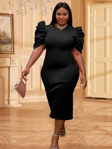 Robe de soirée moulante à manches bouffantes ajourées de grande taille, élégante, pour cocktail, semi-formelle, pour bal de promo, invité de mariage. Convient pour anniversaire, remise de diplôme, dîner, bal des finissants. - Noir - Voir 5