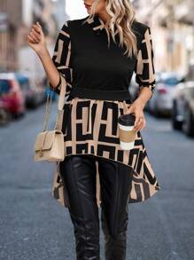 SHEIN LUNE In Địa lý Hem cao thấp Áo sơ mi - màu nâu - Xem 3