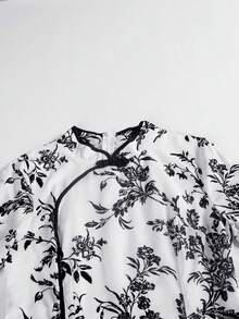 Floral Print Split Hem Cheongsam Dress - Black and White - View 5