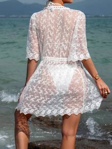 Swim Vcay Của phụ nữ Màu thuần Lưới Kimono Áo len Mở - trắng - Xem 2