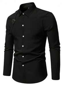 Manfinity AFTRDRK Men's Solid Long Sleeve Shirt, For Fall - Black - View 3