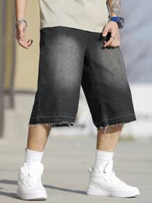 Manfinity Homme Pantaloni scurți din denim, cu tăiere lejeră, bărbați, pantaloni largi, negru, ieșiți în oraș Vintage Friends