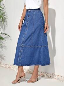 SHEIN LUNE Women's Solid Color Button Front Denim Skirt - Medium Wash - View 5