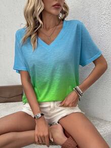 SHEIN LUNE Women's Gradient Printed V-Neck T-Shirt - Multicolor - View 5