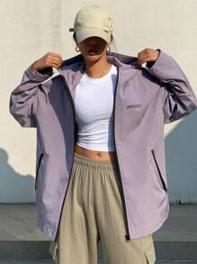 DAZY 字母印花拼色設計寬鬆連帽夾克 - 淺灰紫 - 查看 1