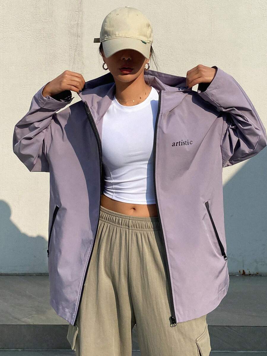 DAZY 字母印花拼色設計寬鬆連帽夾克 - 淺灰紫 - 查看 1
