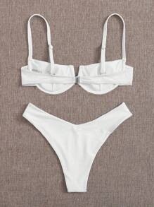 SHEIN Swim Summer Beach Rib Underwire High Cut Bikini Set