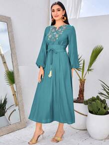 Al Najma 女士花卉刺绣七分灯笼袖连衣裙，端庄 - 藍色 - 查看 3