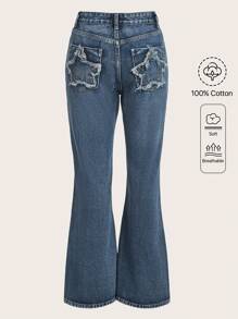 ROMWE Fairycore Star Pattern Flare Leg Jeans - Medium Wash - View 1