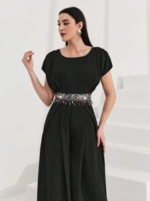 Al Najma 女式圓領腰部拼接亮片蝙蝠短袖連身褲 - 黑色 - 查看 1