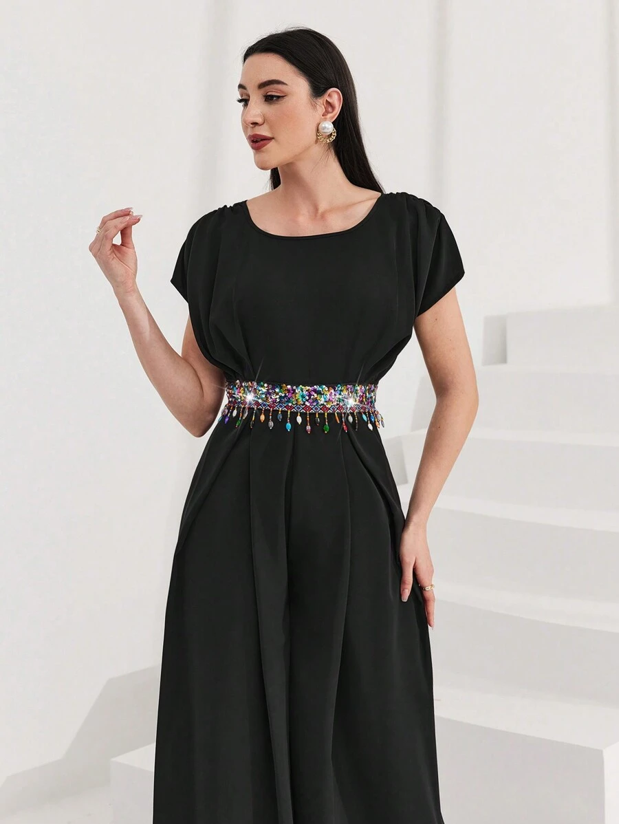 Al Najma 女式圓領腰部拼接亮片蝙蝠短袖連身褲 - 黑色 - 查看 1