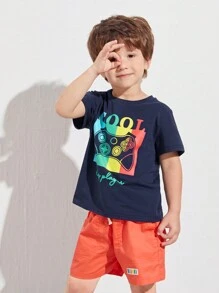 SHEIN Young Boy Gamepad And Letter Print Tee - Navy Blue - View 3