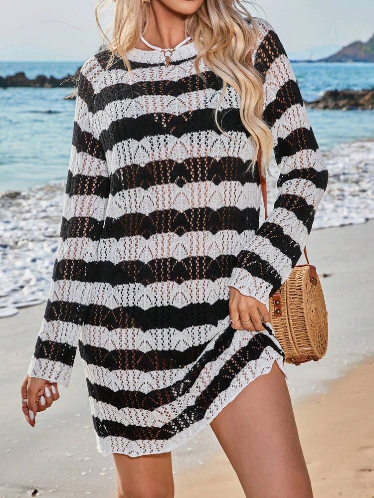 Contrast Color Hollow Out Sweater Dress Swimsuit Cover Up Winter Casual