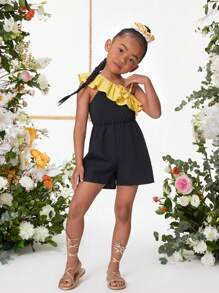 SHEIN Young Girl Dreamy Princess Style Woven Color Block Asymmetric Shoulder Ruffle Edge Romper - Black - View 6