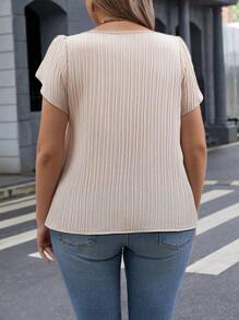 Celure Camisa De Talla Grande De Color Sólido Con Cuello Asimétrico Y Mangas Abullonadas - Caqui - Ver 2