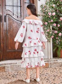 SHEIN Tween Girl Off Shoulder Ruffle Crop Top With Floral Print And Tiered Flowy Skirt With Floral Print Set