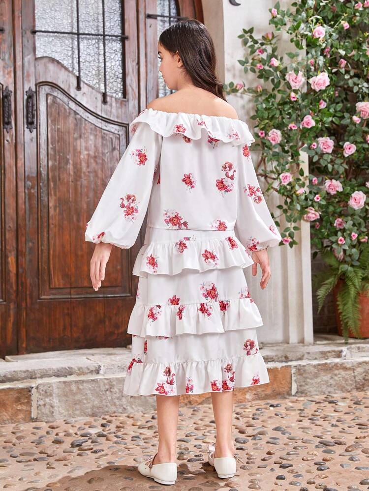 Tween Girl Off Shoulder Ruffle Crop Top With Floral Print And Tiered Flowy Skirt With Floral Print Set