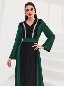 Al Najma Color Block Weaving Belt Patchwork Flare Sleeve Dress