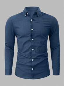 Manfinity Mode Men's Button Down Solid Color Long Sleeve Shirt, Fall - Navy Blue - View 5