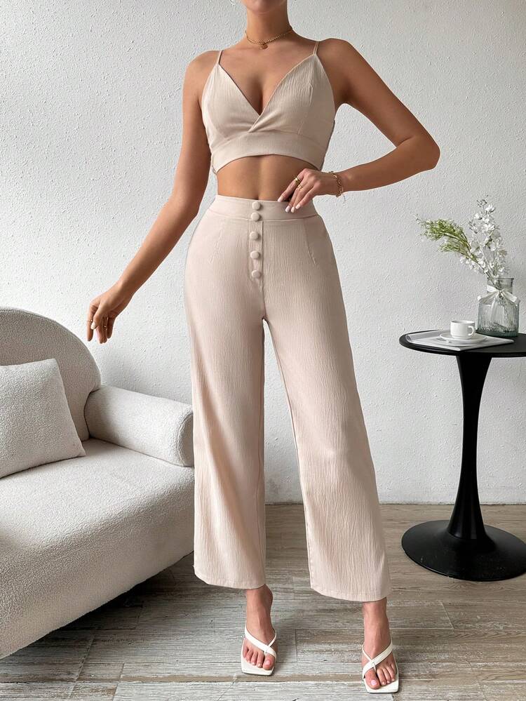Women's Solid Color Sleeveless Camisole Top And Buttoned Loose Pants Two-Piece Set