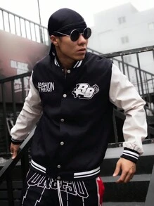 Gym Rark 男友风 男士撞色植绒贴花条纹装饰运动夹克 男士校队夹克 男士校队夹克 男士 校队夹克 校队夹克 - 黑色 - 查看 3