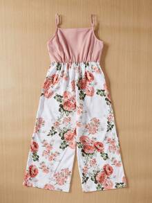 SHEIN Bộ áo liền quần không tay cho bé gái Tween với quần nhún bèo phía trước và in hoa - Nhiều màu - Xem 2