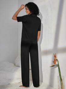 Ocili Leisure Solid Color V-Neck Top & Straight Pants Home Wear Set Holiday Season Outfit - Black - View 2