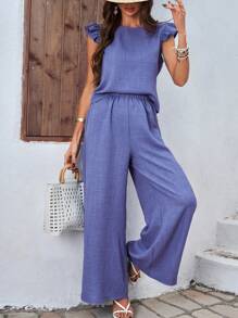 SHEIN LUNE 两件套后背带纽扣盖袖上衣 - 藍色 - 查看 7