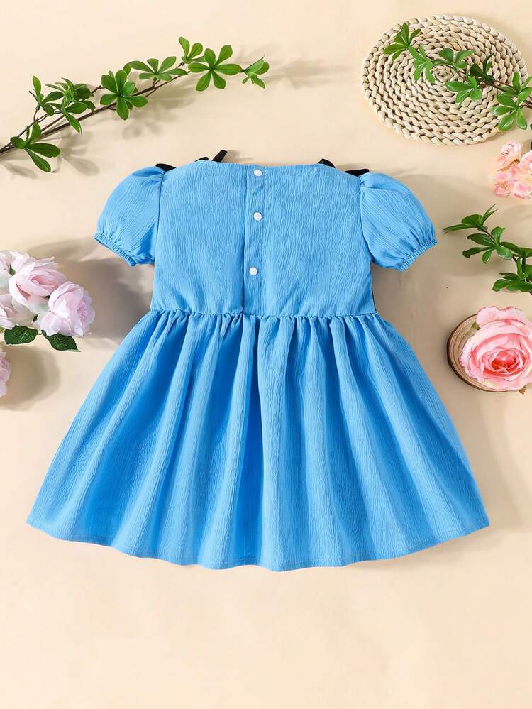 Baby Girl's Vintage Style Short Sleeve Blue Puff Dress With Bowknot Waist For Summer