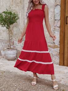 SHEIN Clasi Vestido De Alças Finas Com Ajuste De Renda Para Mulheres - Vermelho - Ver 4