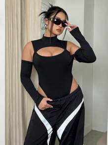 SHEIN ICON Plus Size Y2k Black Bodycon Cut Out Shoulder Bodysuit - Black - View 3