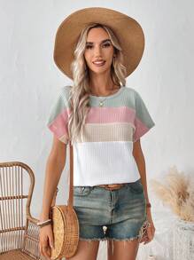 SHEIN LUNE Women's Casual Crew Neck Drop Shoulder Colorblock Splice Fresh Contrast T-Shirt, Suitable For Summer Vacation - Multicolor - View 5