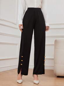 Mulvari Women's Wide Leg Pants With Buttoned Cuffs - Black - View 1