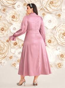Modelyn 1 pieza Vestido de noche de talla grande con cuello de embudo y mangas con volantes - Rosa vieja - Ver 2