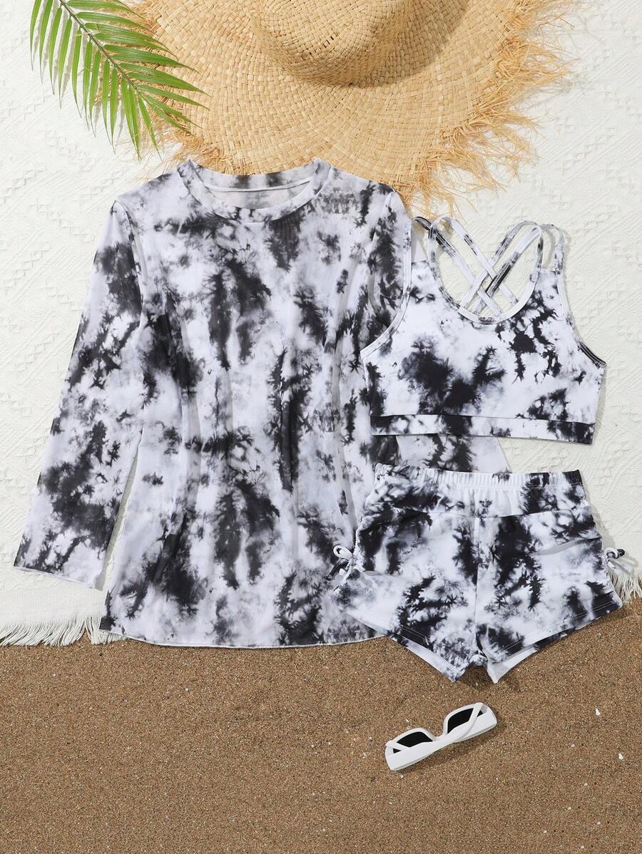 Bộ đồ bơi cho bé gái Tween, in ngẫu nhiên, ba mảnh - Đen và trắng - Xem 1