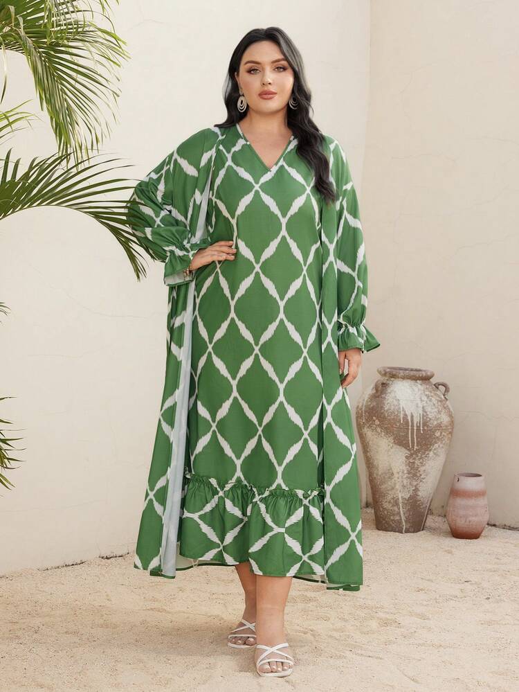 Plus Size Women's Printed Ruffled Sleeve Two Pieces Set 2 Pieces Set