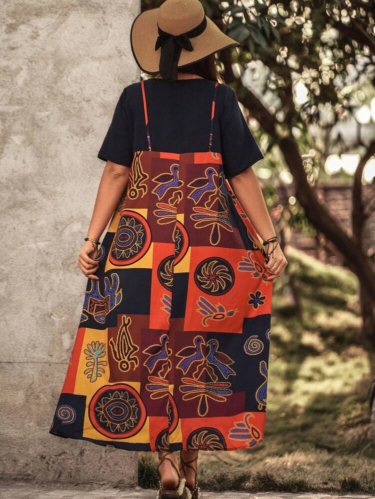 Plus Size Women's Patchwork Printed Round Neck Short Sleeve Dress