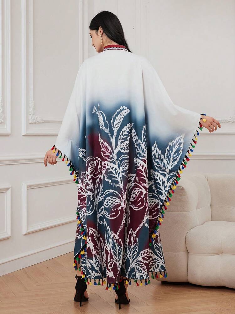 Women's Printed Patchwork Fringe Decor Batwing Sleeve Dress Kaftan Jalabiya Dress