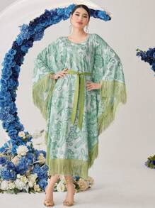 Al Najma Vestido con mangas tipo murciélago con flecos y estampado paisley bohemio, kaftán modesto - Verde - Ver 4
