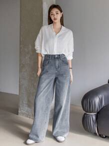 Dazy-Less Wide Leg Denim Jeans Old Money Style Business Casual Woman Work Clothes - Light Wash - View 6