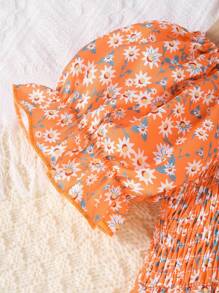 SHEIN Young Girl's Printed Puff Sleeve Dress With Floral Pattern - Coral Orange - View 4