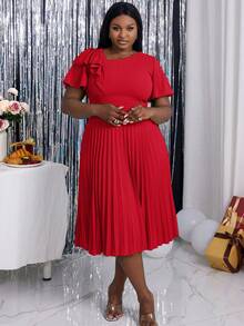 Plus Size Women Asymmetric Neckline Elegant Ruffle Sleeve A-Line Dress, Suitable For Commute, Graduation Ceremony, Church Service, Graduation Gown - Red - View 7