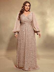 UNITHORSE 大码灯笼袖亮片正式礼服，优雅长袖舞会晚宴婚礼宾客礼服，适合毕业典礼、晚宴、新娘礼服、生日派对等场合，春季派对礼服 - 香檳色 - 查看 4