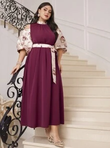 Modelyn Burgundy Red Plus Size Off-The-Shoulder Patchwork Stand Collar Dress Long Evening Dresses - Burgundy - View 7