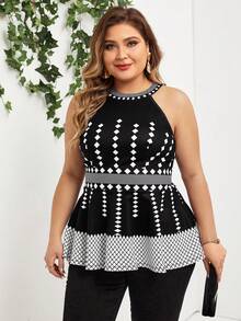 SHEIN Lady 大码露肩印花收腰时尚上衣 - 黑與白 - 查看 3