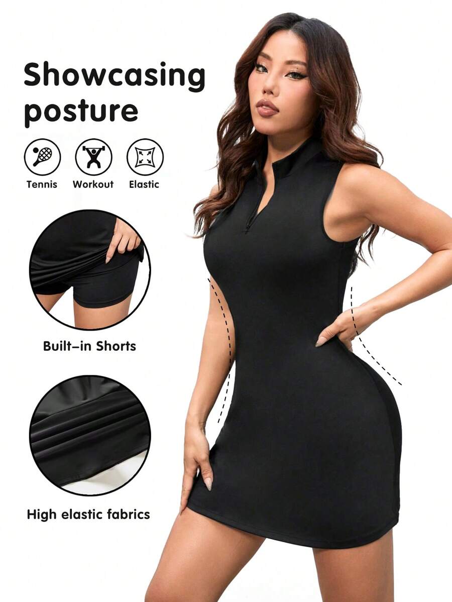 SHEIN Daily&Casual 女式無袖運動立領連衣裙 - 黑色 - 查看 1